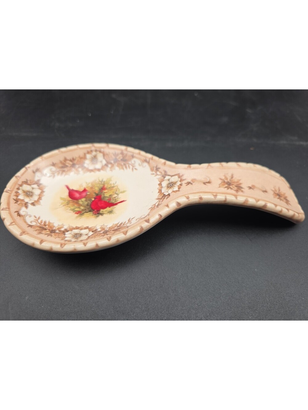 Box #1 Cracker Barrel Cardinal Bird Holly Berries Ceramic Spoon Rest 8"
